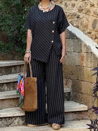 Striped Two-Piece Set | Asymmetrical Shirt & Loose Pants for Women — view 14