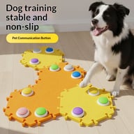 Border collie demonstrating dog communication buttons and sound-producing toy system