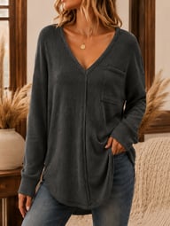Women's Loose-Fit V-Neck Long-Sleeve Waffle Knit T-Shirt | Captain Fam — view 4