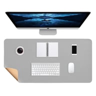 Grey extended mouse pad with monitor, keyboard, notebook, and phone organization