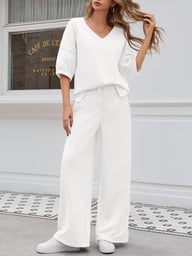 Women's 2 Piece Wide Leg Tracksuit Set | V Neck Casual Workout — view 16