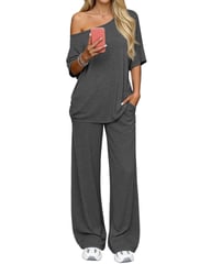 Off-Shoulder Loose Two-Piece Set | Wide-Leg Pants & Casual Top — view 8