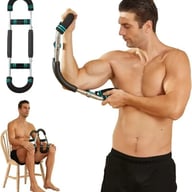 Man demonstrating adjustable arm trainer seated and standing exercise poses