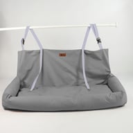 Gray waterproof car dog bed with adjustable headrest straps and metal buckles
