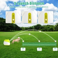 Dog ball launcher showing three distance settings on a lawn