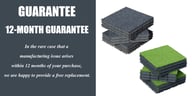 12-month guarantee graphic with stacked carpet and artificial grass deck tiles