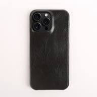 Black leather protective iPhone case featuring raised camera bezel design