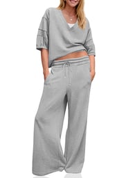 Women's 2 Piece Wide Leg Tracksuit Set | V Neck Casual Workout — view 20