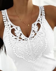 Slim-Fit V-Neck Tank Top with Lace Detail | Ribbed Cotton Blend — view 7