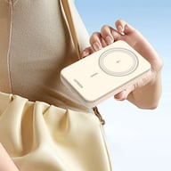 Magnetic wireless power bank 20W snapped to iPhone showing fast charging
