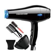 Black professional hair dryer with blue button, diffuser, concentrator nozzle, round brush and combs