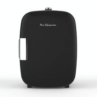 Black 5L mini refrigerator with chrome handle and compact design for skincare