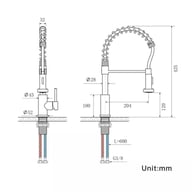 Technical diagram showing installation details and dimensions of pull-out faucet