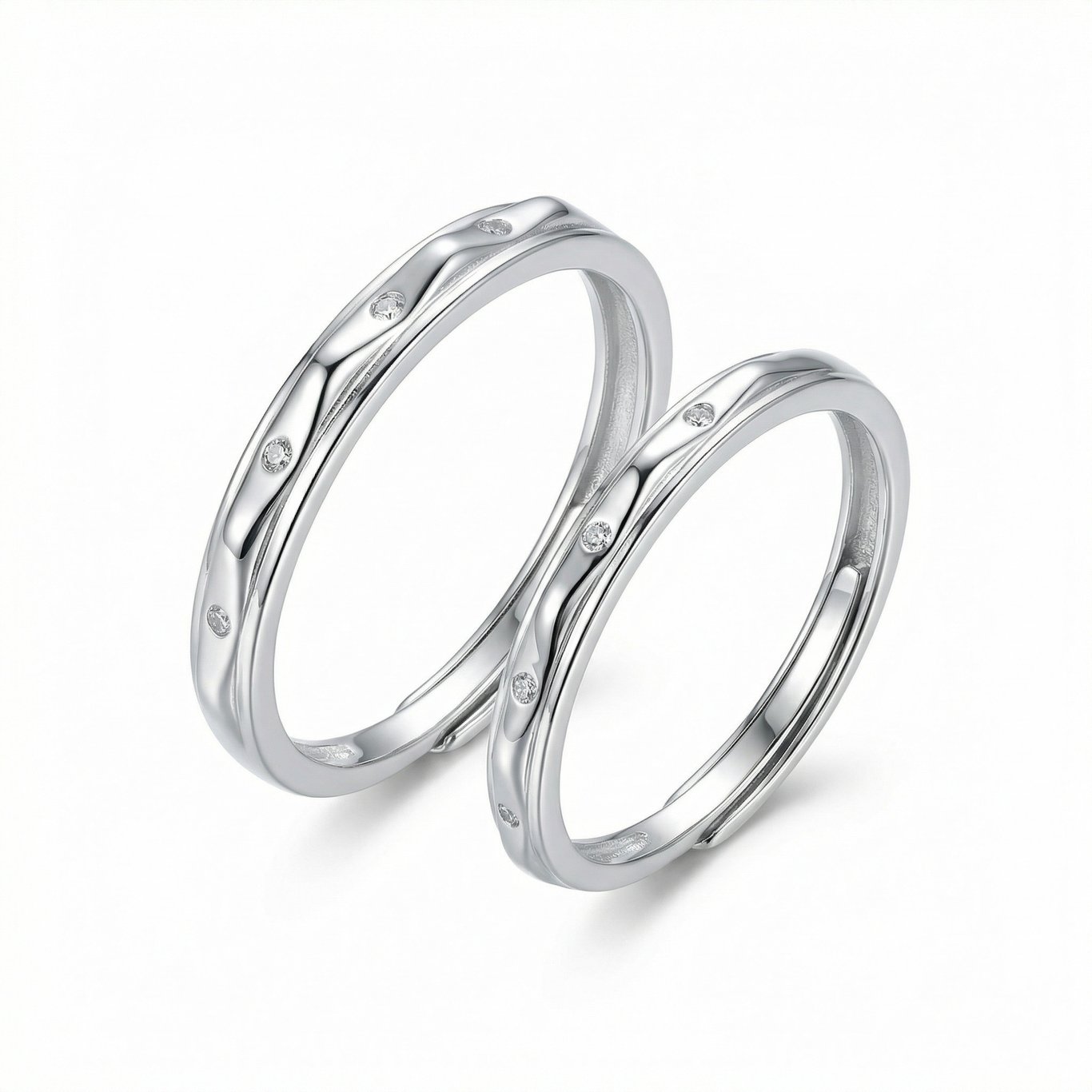 925 Sterling Silver Wavy Bands with Diamond Accents | Matching Rings