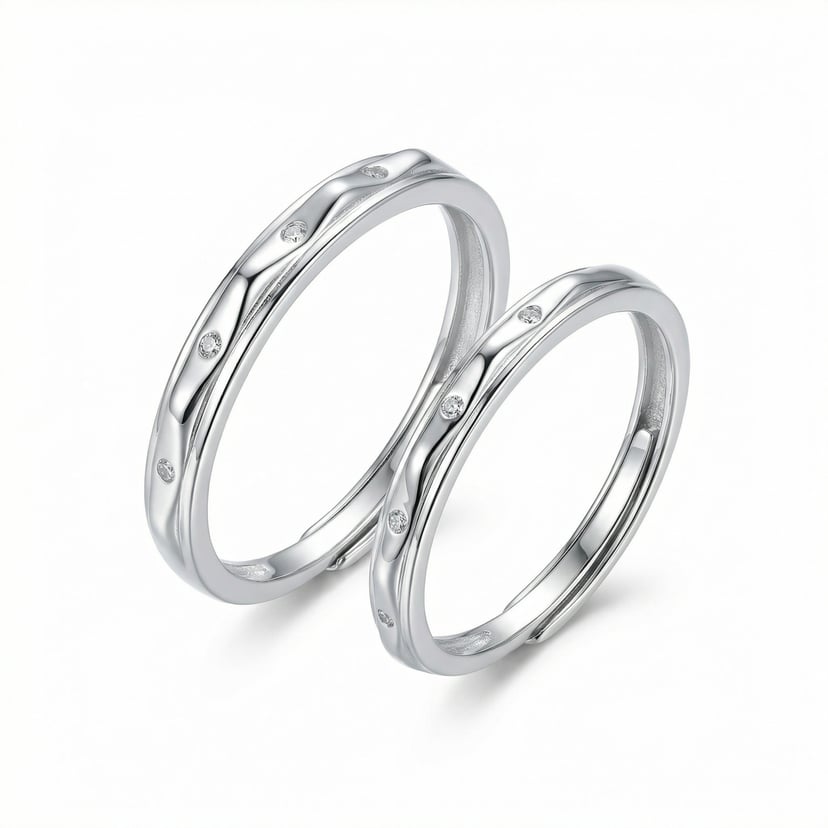 925 Sterling Silver Wavy Bands with Diamond Accents | Matching Rings