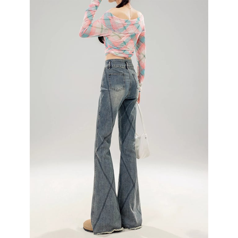 Back view bootcut jeans diamond stitching detail vintage wash denim