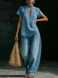 Faux Denim Two-Piece Set | Loose-Fit Top & Wide-Leg Pants — view 13