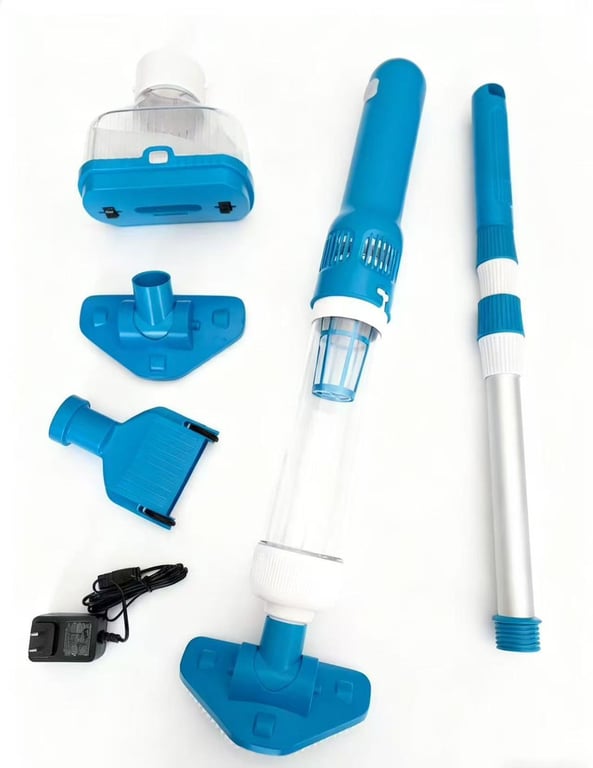 Cordless pool vacuum cleaner disassembled showing all durable components and attachments
