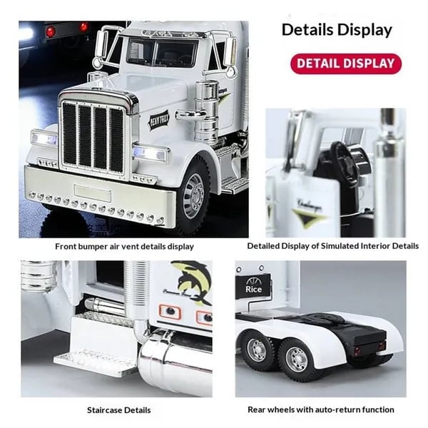 Close-up of semi-truck toy interior and exterior details showing premium diecast metal construction