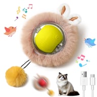 Interactive cat toy with bunny ears, fluffy tail, and USB charging cable included