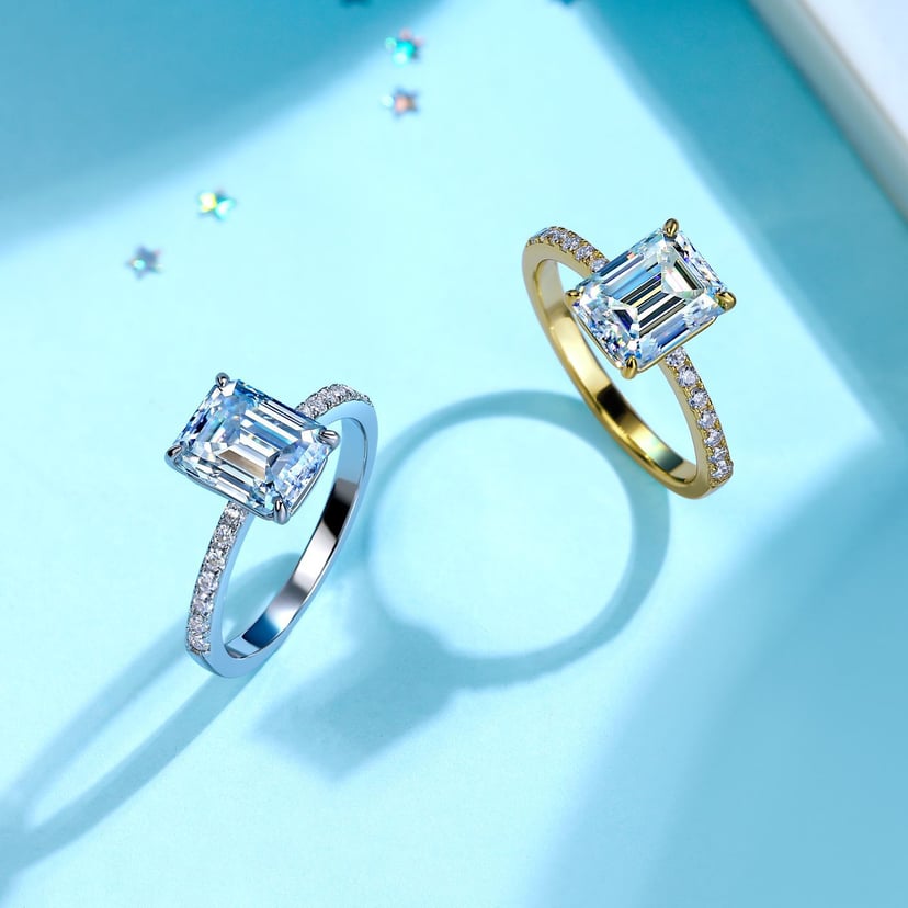 S925 Sterling Silver Four-Claw Moissanite Ring | Emerald-Cut Wedding Band