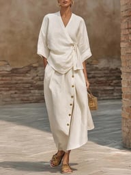 Women's Casual Loose Skirt Two-Piece Set | Linen Wrap Top & Button Skirt — view 4