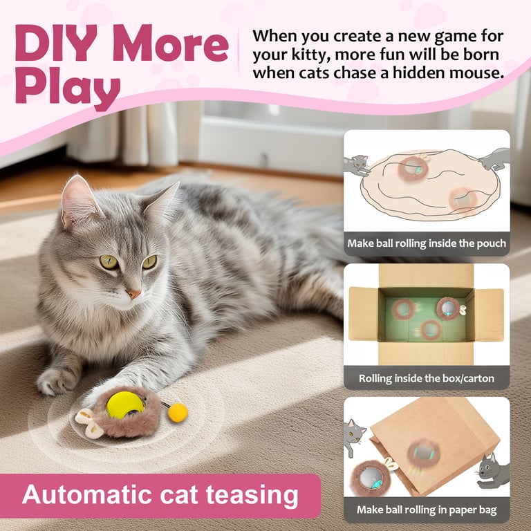 Interactive automatic cat ball toy rolling on hardwood floor