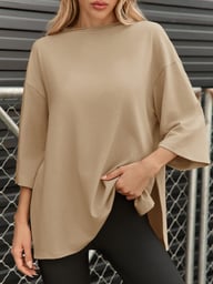 Fisoew Women's Oversized T-Shirt with Side Slits | Loose Fit Gym Tee — view 4