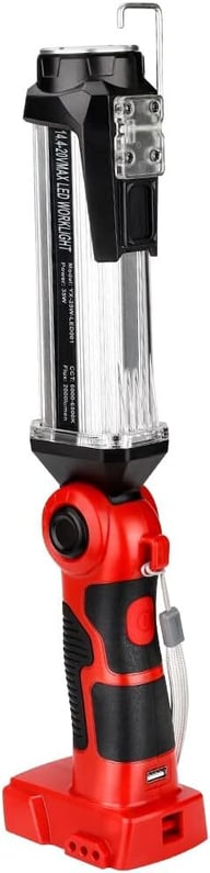 Cordless LED work light with hanging hook and USB charging port on base