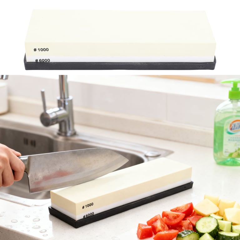 Sharpening stone in kitchen setting with multiple blade types