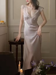 Slim-Fit French-Style Ice-Silk Long Nightgown | Lace Trim — view 7