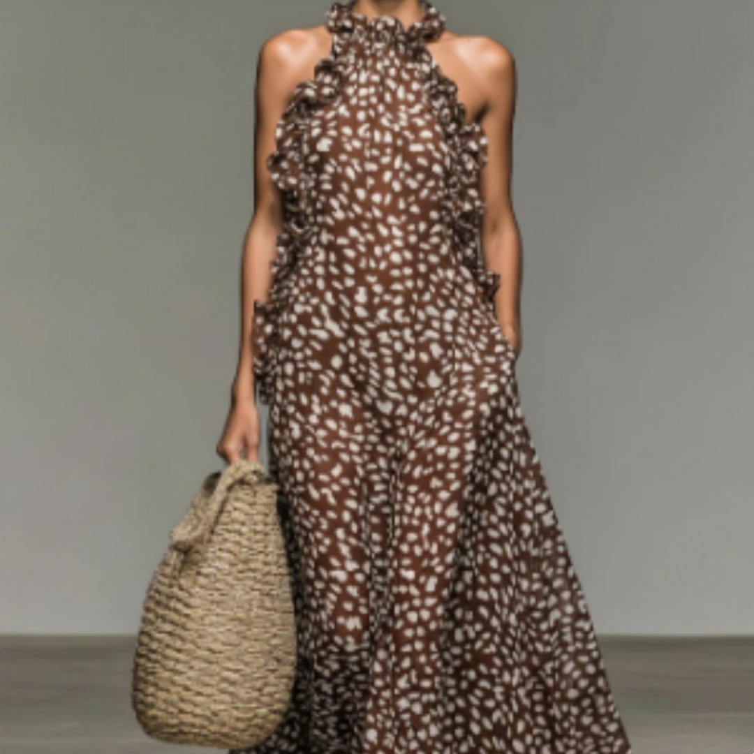 Women's Brown Speckled Maxi Dress with Ruffled Halter | Pockets