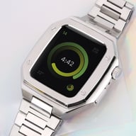 Silver metal integrated Apple Watch protective case with steel band, close-up detail