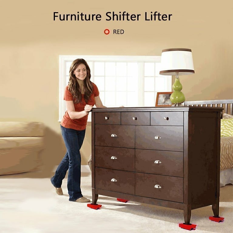 Close-up of furniture lifter and sliders showing durable red and black construction
