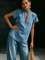 Faux Denim Two-Piece Set | Loose-Fit Top & Wide-Leg Pants — view 10