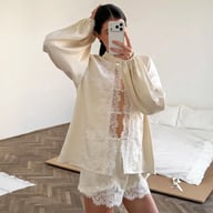 Off-White Ice-Silk Satin Lace-Trimmed Tie-Front Womens Pajama Set — view 4