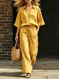 Women's Linen Two-Piece Set | Short-Sleeve Shirt & Loose Pants — view 5