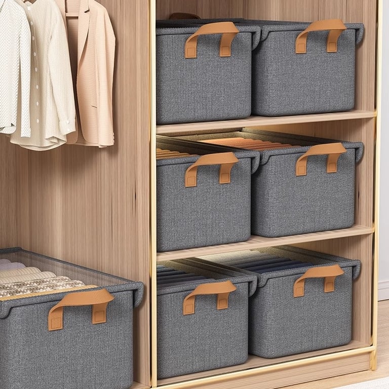 Fabric storage box with clear window displaying folded winter sweaters