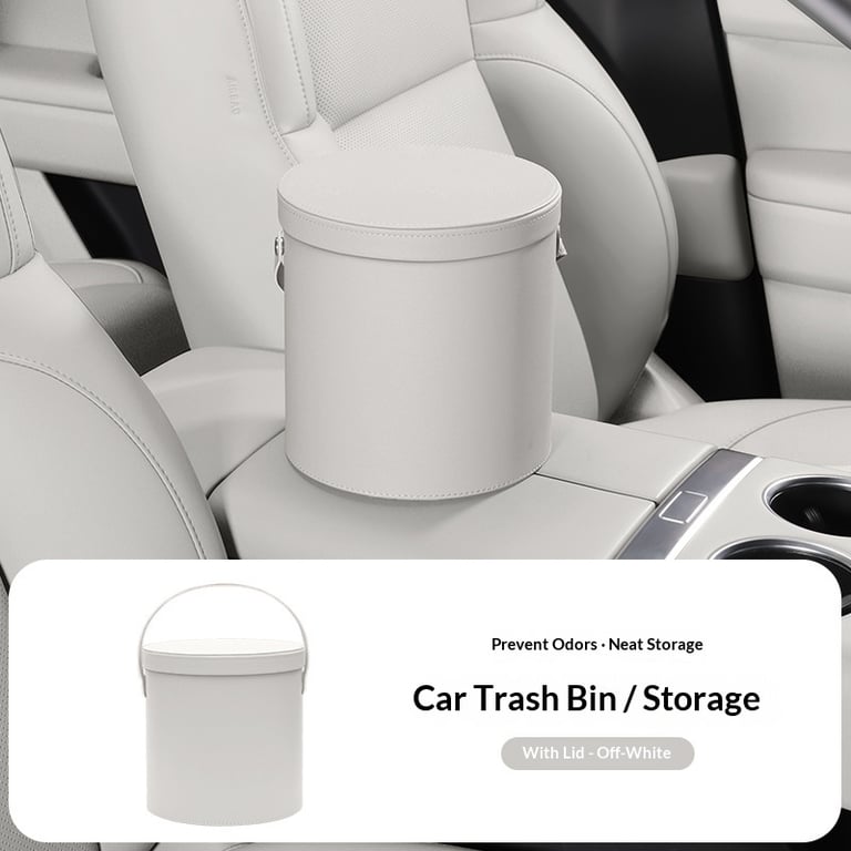 White car storage bucket on center console with family road trip supplies