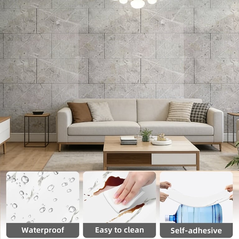 Living room wall decorated with marble pattern PVC tile stickers
