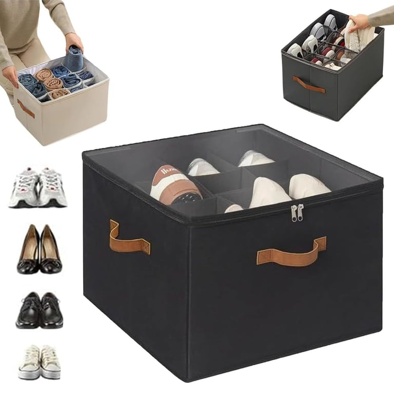 Gray fabric shoe storage box with handles being carried for easy mobility