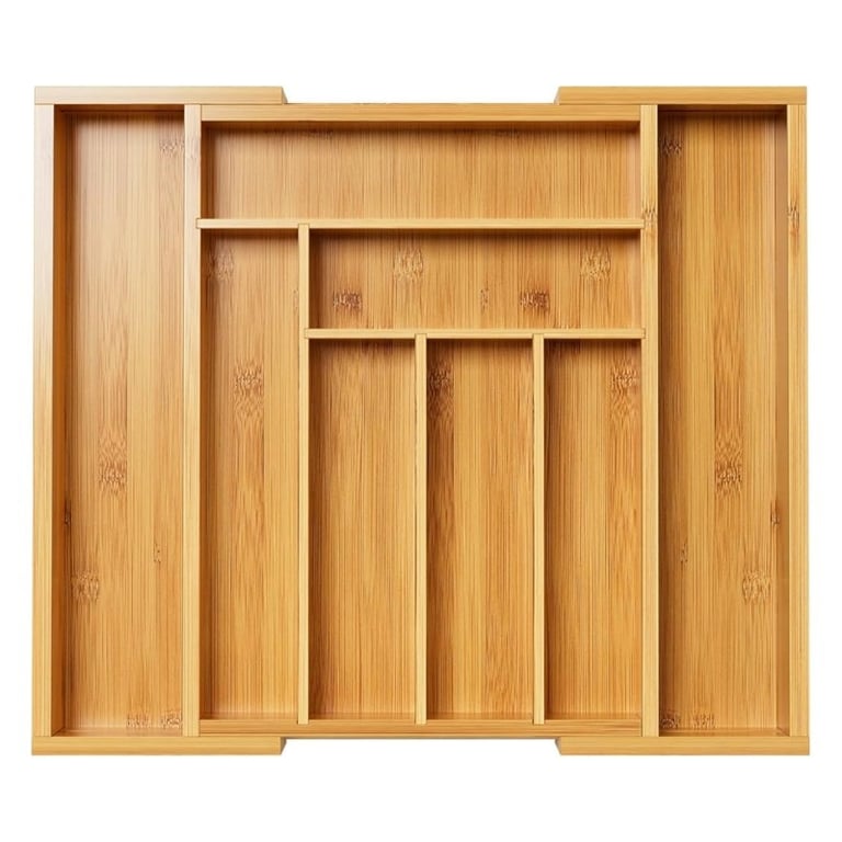Detailed view of bamboo drawer organizer compartments and construction quality