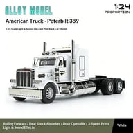 White Peterbilt 389 diecast semi-truck model with chrome accents and LED headlights