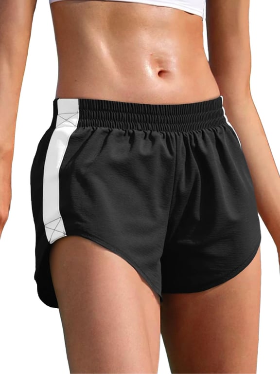 Black high-waisted dolphin shorts with white stripe for running wear