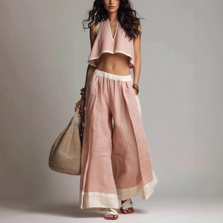 Woman in lavender crop top and wide-leg pants set showing quality construction details
