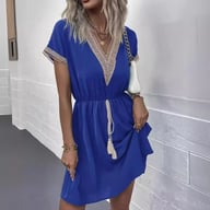 Lace-Trimmed V-Neck Waist-Cinching Dress | Casual Women's Fashion — view 3