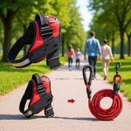 Red padded vest-style dog harness with matching 1.5-meter rope leash on park path