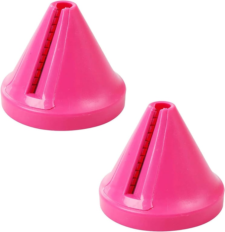 Two pink handheld spiralizer graters on a white background