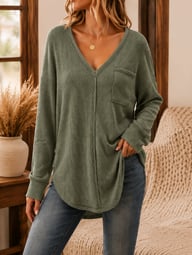 Women's Loose-Fit V-Neck Long-Sleeve Waffle Knit T-Shirt | Captain Fam — view 3