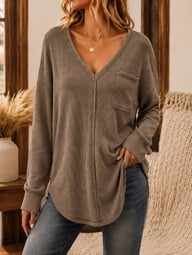 Women's Loose-Fit V-Neck Long-Sleeve Waffle Knit T-Shirt | Captain Fam — view 6